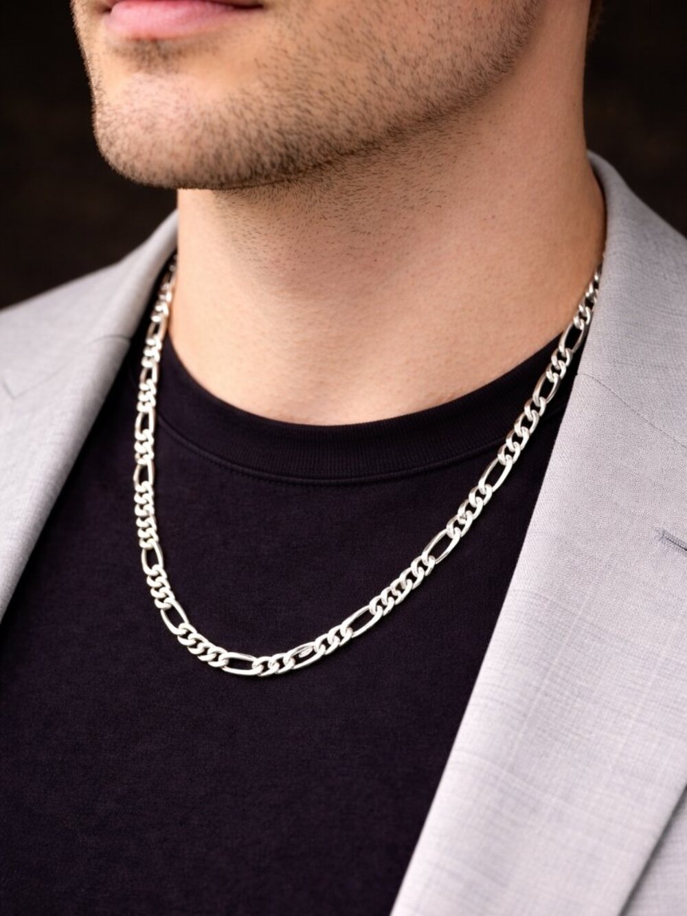 Heavy Rhodium Plated Silver Chain 24”, Men’s Figaro Chain Necklace, Italian